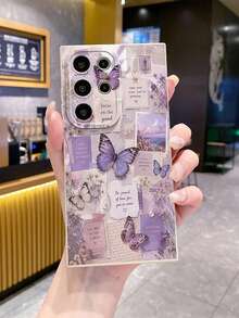 1pc Purple Butterfly Illustration Newspaper Camera Anti-Drop Phone Case UV Printed Compatible With Samsung/Galaxy/ Android Models - Beige - View 5