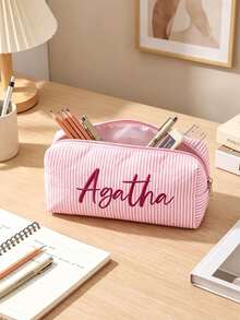 1pc Customized Bubble Fabric Stationery Bag, Jewelry Storage Bag, Embroidered Name Customizable, Fashion Flap Design, Pen Case, Makeup Bag, Coin Purse, Supports Name And Other Text Customization, Multiple Embroidery Thread Colors Available - Multicolor - View 3