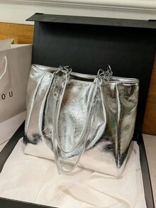 時尚小眾亮銀色 PU 布料女款托特包，高端極簡大容量收納肩背包/通勤包 - 銀色 - 查看 8