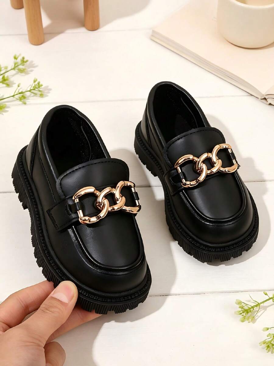 Fashionable And Avant-Garde Children's Loafers With Eye-Catching Metal Chain Decor And Thick Soles - Black - View 1