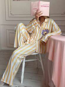 2pcs Women Casual Striped Cute Print Long Sleeve Top + Elastic Straight Leg Pants Loungewear Set - Yellow - View 2