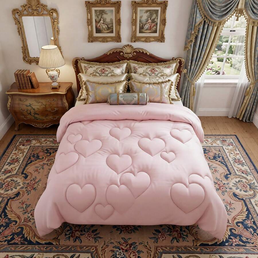 Pink Quilted Comforter Duvet Insert-All Season GentleSoft Down Alternative Bedding With Floral, Scroll & Heart Quilting Designs, 8 Corner Tabs, Anti-Shift Machine Washable Fluffy Breathable Duvet, Twin/Full/Queen/King Size, Cozy Gift For Women & Men - Heart-pink - View 1