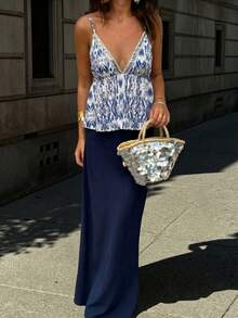 Women's Sequin Decorated All-Over Print Backless Camisole & Solid Color Skirt 2 Pieces Set Elegant - Navy Blue - View 1