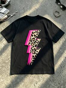 Unisex Pink Leopard Lightning Bolt T-Shirt, Short-Sleeve Cotton Tee, Y2K Streetwear Style, Relaxed Fit, Summer Top For Coast - Black - View 2