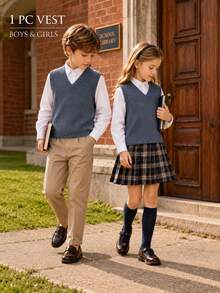 Unisex Kids & Teens Dark Grey V-Neck Sleeveless Tank Top, Premium Preppy Style Layering Top For Autumn/Winter, Suitable For Back To School, School Uniform, Daily Wear - Dark Grey - View 2