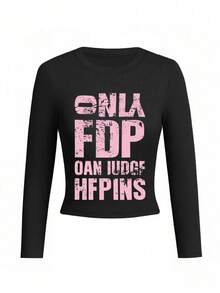 New Black Short Long Sleeve T-Shirt Women Y2K Generation Fun Pink English Print Spring Autumn Korean Style Round Neck Versatile Casual Slim Fit Top - Black - View 5