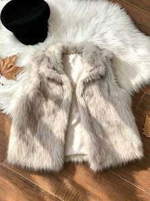 Apricot Minimalist Multi-Functional Stand Collar Sleeveless Faux Fur Jacket, Suitable For Autumn/Winter Girls Wear - Apricot - View 2