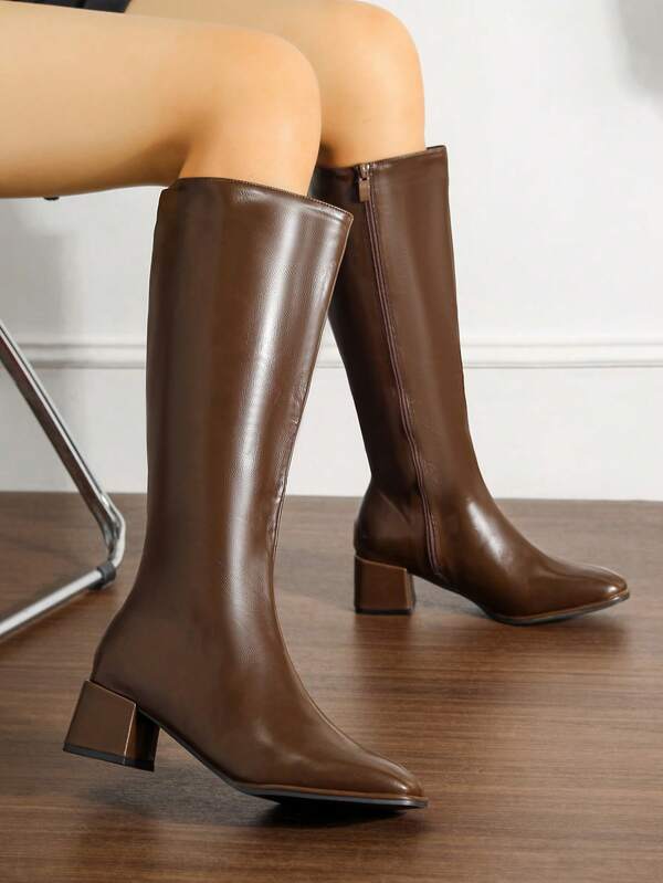 Women's Fashion Brown Square Toe High Shaft Boots With Chunky Heel And Side Zipper, Versatile Everyday Commute Elegant Leg-Lengthening High Heel Boots
