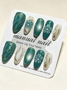 10pcs 3D Gold Embossed Decorative Nail Stickers Y2K Style Almond Shaped Nail Art Supplies - 薄荷綠 - 查看 3