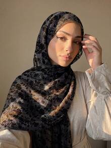 1pc Women's Scarf With Bohemian Floral, Watercolor, Marble, Ripple, Tie-Dye Prints, Suitable For Daily Wear - Black - View 2