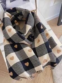 1pc Women's Double-Sided Color Block Heart Plaid Tassel Faux Cashmere Scarf, Minimalist Cute, Suitable For Autumn/Winter, Multi-Purpose, Warm Shawl Scarf, Dual-Use, Suitable For Daily Wear, Holiday Gift - Brown - View 3