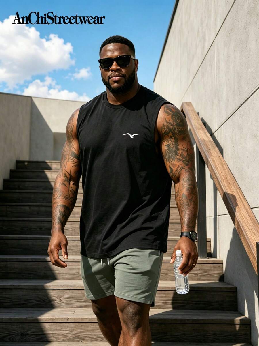 AnChiStreetwear - Plus Size Men's Casual Seagull Print Sleeveless Round Neck Tank Top - Black - View 1