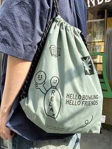 Mochila de estilo coreano con diseño de nicho, estilo Ins, para ir al trabajo, uso diario, compras y actividades al aire libre, con estampado de letras, gran capacidad, nueva, con cordón, para estudiantes universitarios, bolsa cubo de un solo hombro - Verde Oliva - Ver 2