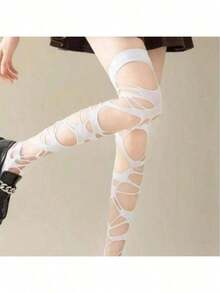 1/2 Pairs Gothic Fishnet Socks, Punk Style Ripped Asymmetric Hollow Out Y2K Lolita Sexy Spider Web Socks, Suitable For Women - Black - View 6