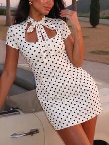 White Polka Dot Bow Collar Hollow Out Mini Dress, Elegant Short Sleeve Fitted Party Dress - Black and White - View 1