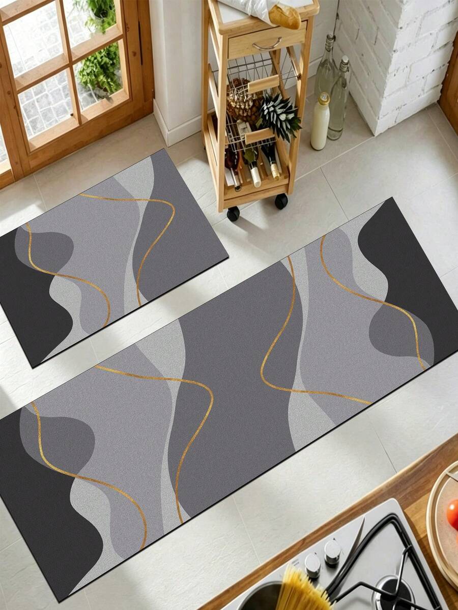 1 Pc Black-Gray With Gold Lines Pattern Kitchen Mat, 3.5 Mm Soft Rubber That Absorbs Water And Is Easy To Clean. Suitable For Corridors, Bathrooms, Living Rooms, Outdoor Door Mats, And Toilets. Useable Throughout The Year And For Various Holidays. - Multicolor - View 1