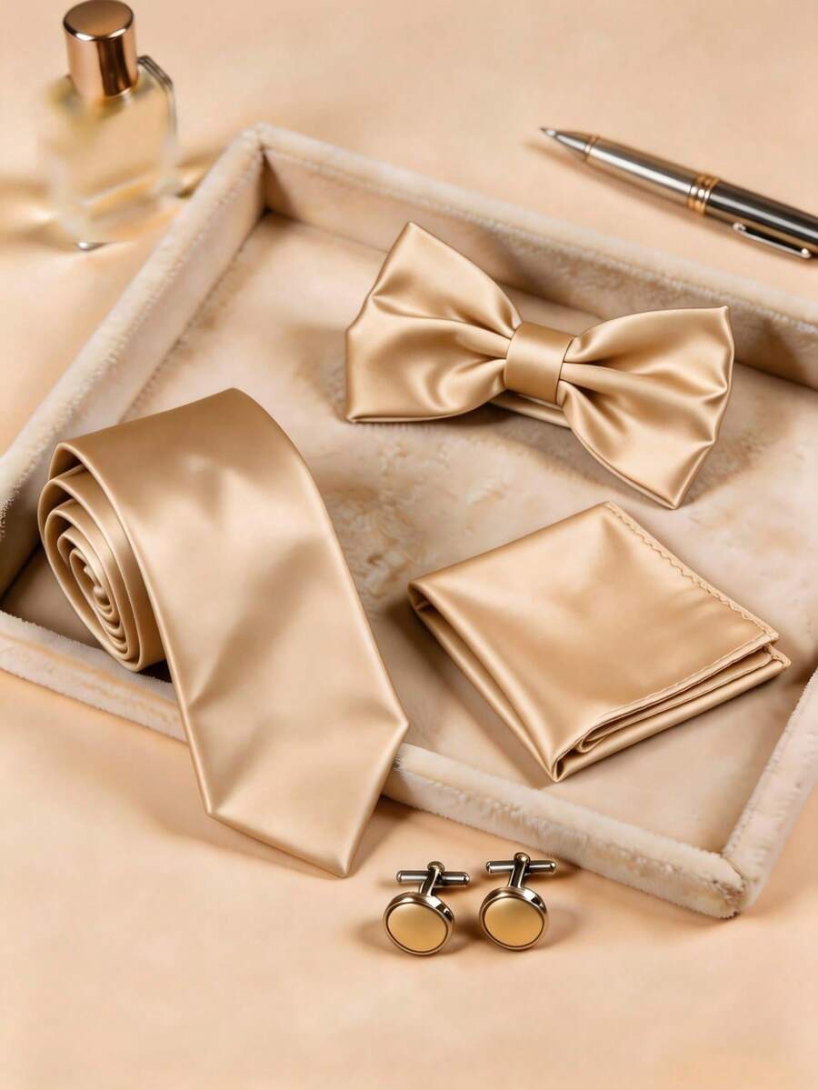 4pcs Men's Business Fashion Versatile Solid Color Polyester Tie & Three-Fold Bow Tie & Pocket Square & Cufflinks Set Suitable For Wedding, Celebration And Daily Wear - Champagne - View 1