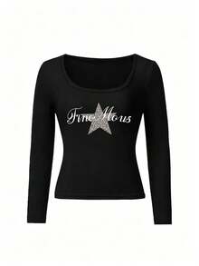 Kaos Wanita Lengan Pendek/Panjang Musim Semi/Gugur Terbaru Generasi Y2K Desain Seru Cetak Bahasa Inggris Gaya Korea Leher U Serbaguna Kasual Slim Fit - Hitam - View 4