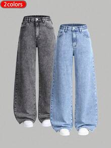 Girls' Vintage Washed Straight-Leg Jeans, Classic Jeans, Casual Everyday Kids' Jeans, Single Piece - Light Blue - View 1