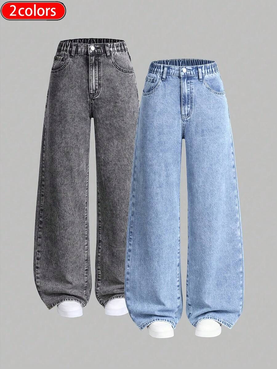 Girls' Vintage Washed Straight-Leg Jeans, Classic Jeans, Casual Everyday Kids' Jeans, Single Piece - Light Blue - View 1