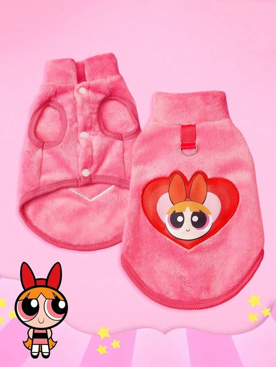 THE POWERPUFF GIRLS X PETSIN 1件绣花大眼女孩爱宠物猫狗通用保暖舒适无袖外套,配玫瑰红牵引扣,秋冬加厚绒毛外套 - 玫紅色 - 查看 1