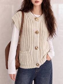 Women's Spring/Autumn Slouchy Large Button Design Cardigan Sweater Vest - Beige - View 1