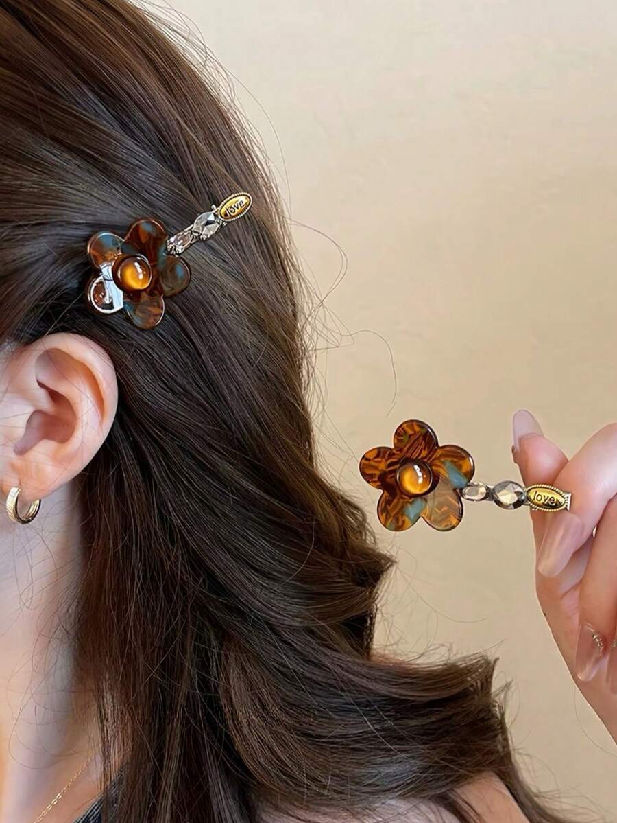 2PCS French Vintage Acetate Flower Rhinestone Hair Clips For Women, Side Bang Clip, Elegant, Fashion, Graceful, Gentle, Suitable For Daily Wear, Party, Evening Ball, Event, Festival, Gift Hair Accessory For Girls - Brown - View 1
