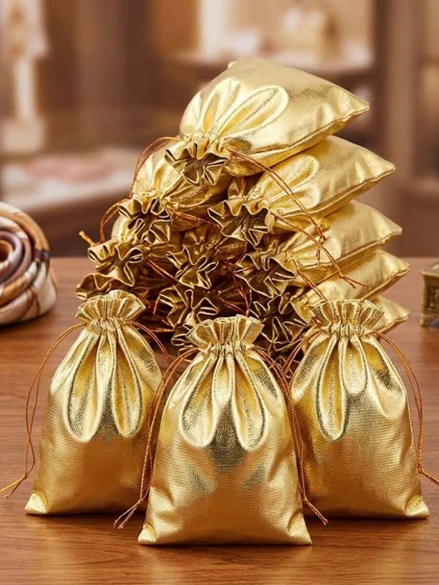 8pcs Gold Drawstring Pouches, Suitable For Jewelry, Christmas Party Favors, Theme Party, Storage Bags, Desktop Decor
