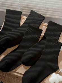 5 Pairs Pure Black Mid-Calf Socks, One Size 35-43, Couple Socks - Black - View 1