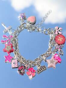1pc Polka Dot Bow Heart Charm Bracelet, Leopard Print Star Bracelet, Cross Button Bracelet - Silver - View 2