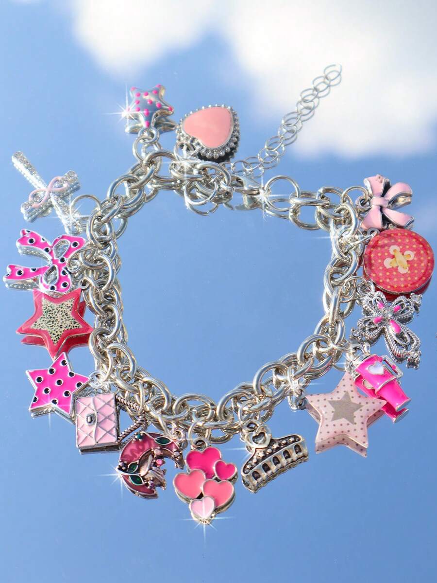 1pc Polka Dot Bow Heart Charm Bracelet, Leopard Print Star Bracelet, Cross Button Bracelet