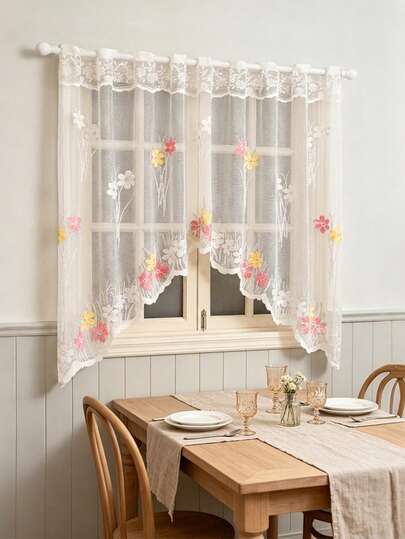 1pc Red & Yellow Contrast Wildflower Embroidered Lace, INS Cream Style Nylon Mesh Curved Wavy Edge Soft Light Filtering Short Curtain, Suitable For Cabinet Doors, Study Windows, Dining Area, Year-Round Soft Decor & Privacy