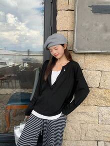 Black 2 In 1 Design Loose Long Sleeve T-Shirt Women's Early Spring New Casual Top - Black - View 8