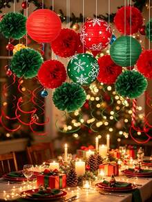 26/2pcs Bunga Kertas Merah & Hijau Natal, Lampion Kepingan Salju dan Dekorasi Spiral, Dekorasi Langit-langit Liburan, Cocok untuk Acara dan Pesta Natal, Juga Cocok untuk Dekorasi Rumah, Jendela dan Toko - MultiWarna - View 7