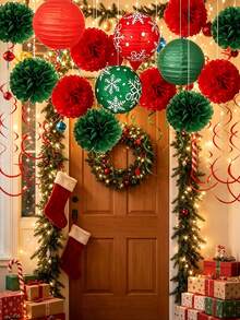 26/2pcs Bunga Kertas Merah & Hijau Natal, Lampion Kepingan Salju dan Dekorasi Spiral, Dekorasi Langit-langit Liburan, Cocok untuk Acara dan Pesta Natal, Juga Cocok untuk Dekorasi Rumah, Jendela dan Toko - MultiWarna - View 4