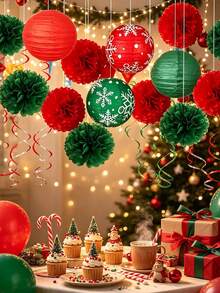 26/2pcs Bunga Kertas Merah & Hijau Natal, Lampion Kepingan Salju dan Dekorasi Spiral, Dekorasi Langit-langit Liburan, Cocok untuk Acara dan Pesta Natal, Juga Cocok untuk Dekorasi Rumah, Jendela dan Toko - MultiWarna - View 3