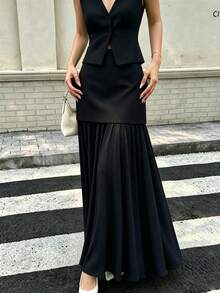 Seelio Spring/Summer New Fashion Versatile Women's Knit Pleated Patchwork Skirt - Black - View 1