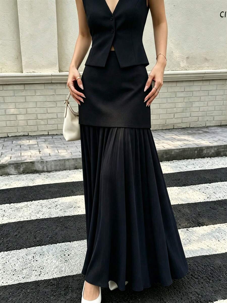 Seelio Spring/Summer New Fashion Versatile Women's Knit Pleated Patchwork Skirt - Black - View 1