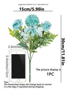 1/3束仿真丝茶玫瑰和菊花花束，假花植物，适用于新娘捧花、婚礼装饰、DIY花环、家居装饰、餐厅、卧室、花瓶填充、生日派对、新年、情人节、毕业礼物、秋季装饰 - 藍色 - 查看 3