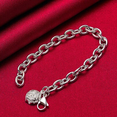 925 Sterling Silver Plated Rose Flower Pendant Bracelet Thick Chain For Woman Charm Wedding Engagement Party Fashion Jewelry