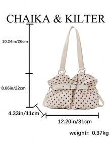 CHAIKA & KILTER 1件裝拼色PU布料托特包，女款時尚單肩托特包，滿版波點圖案，雙手柄設計，拉鍊開合，飾帶裝飾，適合日常與街頭使用 - 白色 - 查看 3