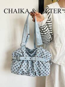 CHAIKA & KILTER 1件裝拼色PU布料托特包，女款時尚單肩托特包，滿版波點圖案，雙手柄設計，拉鍊開合，肩帶裝飾，適合日常與街頭使用 - 淺藍色 - 查看 6