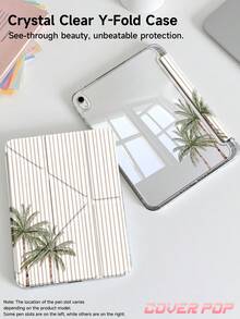 Brown Striped & Coconut Tree Pattern Tablet Protective Case, Compatible With IPad 9.7/10.2/10.5/10.9/12.9/Pro 11, 10th Gen, Galaxy Tab S6 Lite 10.4", Kindle Paperwhite 12th Gen 2024, Kindle (11th Gen - 2024), Soft Shockproof, Smart Stand/Auto Wake/Sleep, Y-Fold Tablet Cover, Multiple Viewing Angles, Summer Ocean Elements - Multicolor - View 2