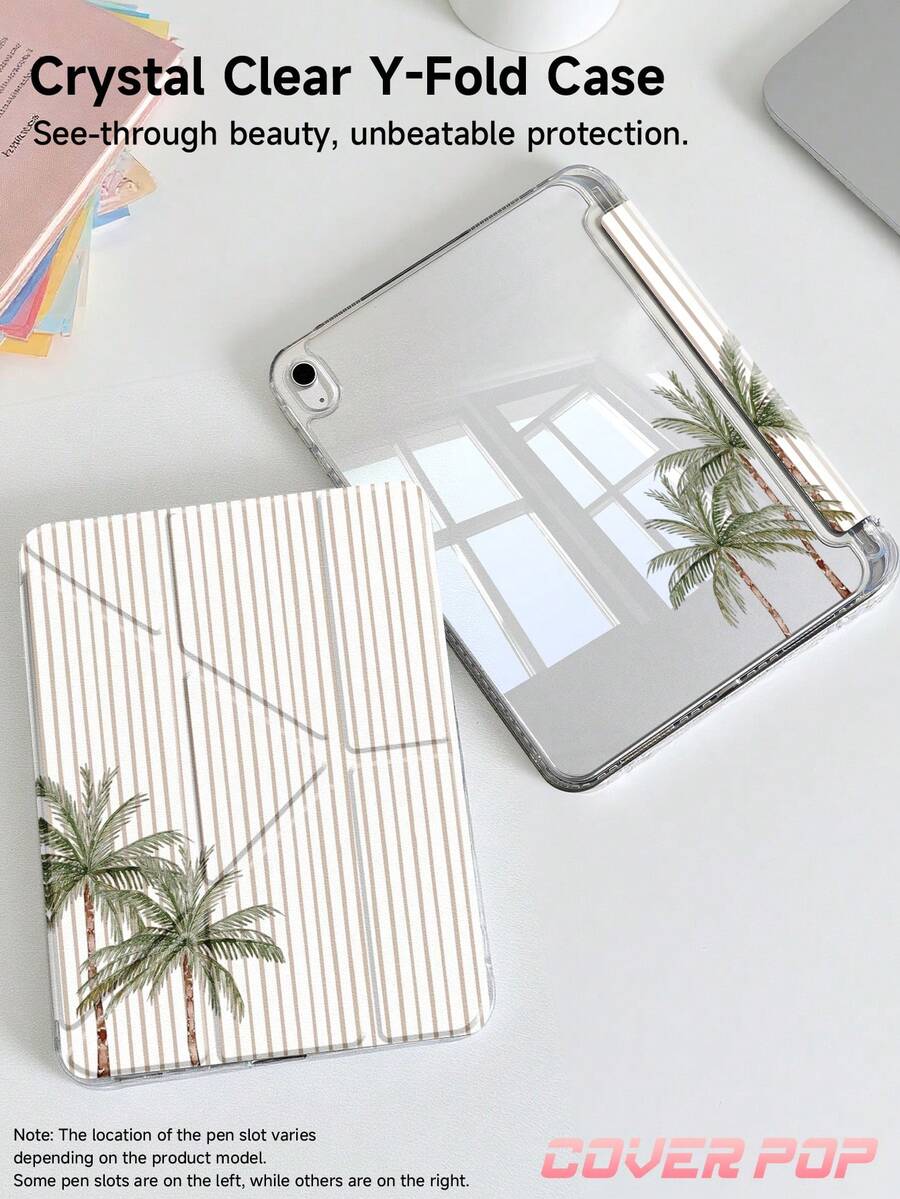 Brown Striped & Coconut Tree Pattern Tablet Protective Case, Compatible With IPad 9.7/10.2/10.5/10.9/12.9/Pro 11, 10th Gen, Galaxy Tab S6 Lite 10.4", Kindle Paperwhite 12th Gen 2024, Kindle (11th Gen - 2024), Soft Shockproof, Smart Stand/Auto Wake/Sleep, Y-Fold Tablet Cover, Multiple Viewing Angles, Summer Ocean Elements