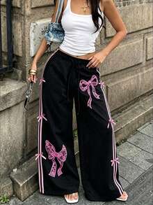 Sweet Cool Hot Girl Elastic Drawstring High Waist Draped Wide Leg Floor Length Sweatpants With Side Pink & White Contrast Color Webbing + Sports Black - Black - View 3