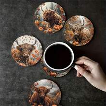 6pcs/Set Or 420pcs/70sets Autumn Series Highland Cow Pattern Printed Beverage Coasters, 10cm/2mm Thick Rubber Soft Bottom Round Absorbent Rubber Beverage Coasters, Soft Rubber Backing, Decorative Coasters, Suitable For Cups, Home Kitchen Dining Table Decor Placemats, Decorative Coasters, Kitchen Decor, Dining Table Decor - Multicolor - View 6