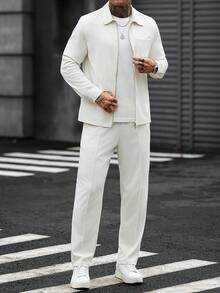 Men's White Long Sleeve Zip-Up Shirt And Casual Pants Set - White - View 4