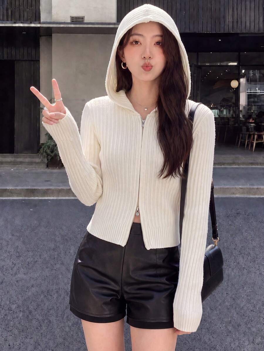 Jaket Sweater Rajut Wanita Minimalis Kasual Musim Gugur/Dingin, Ramping, Bertekstur Vertikal, Berkerudung, dan Berresleting - putih pucat - View 1