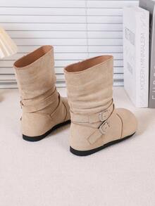 Mid-Calf Flat Boots For Older Kids Students, Fashion Pleated Boots - Beige - View 3