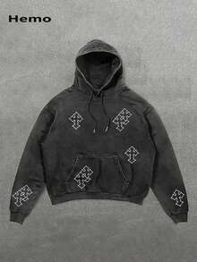 Hemo para hombre, sudadera con capucha con cordón y estampado gráfico retro de calle, ajuste regular, casual y cómoda, con bolsillo canguro, adecuada para uso diario, otoño/invierno - Negro - Ver 1